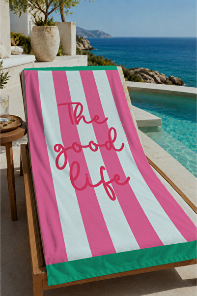 Evmila Pink Green Vertical Stripes Be Cool Written 70X150 Beach Towel - Digit...