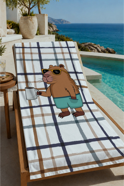 Evmila Black and White Plaid Capybara Patterned 70X150 Beach Towel - Cotton B...