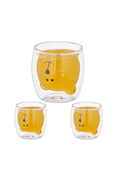 Ayawaska Set 3 pahare din sticla barosilicata, cu model ursulet, pereti dubli...