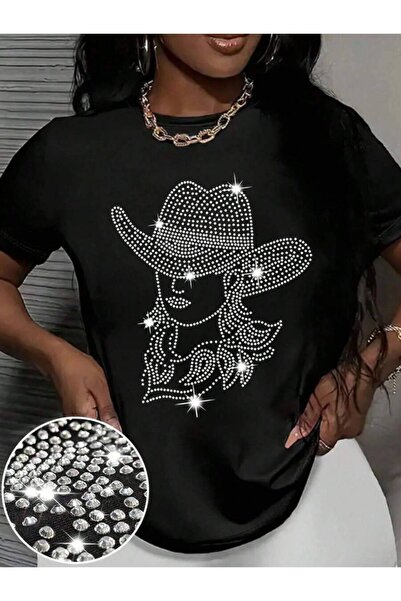 23ERVA Plus Size Women's Rhinestone Glitter Embellished Cowgirl Round Neck Sh...