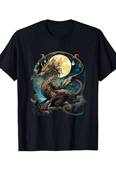9JY Men's Black Round-Neck-Shirt | Golden Moon Pattern-Shirt - Soft Breathabl...
