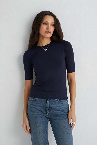 Silk and Cashmere Lacivert Ultralight Yuvarlak Yaka T-Shirt