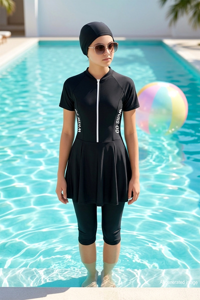Emayo Uv Protection Skirted Tights Short Sleeve Girls Swimsuit Mira 1511 Black