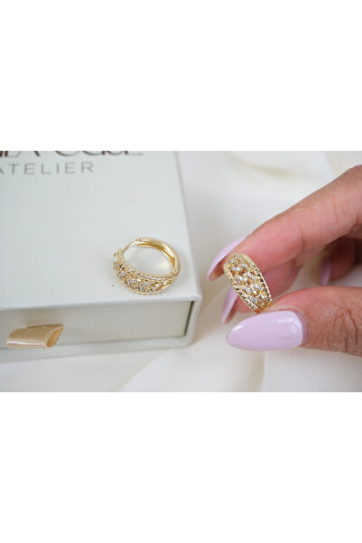 ATELİER TUĞBA Kp624 Zircon Stone Openwork Gold Earrings (Inner Diameter 13mm)