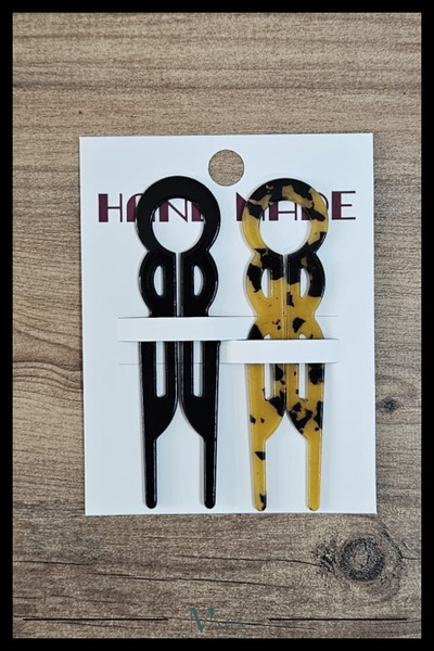 MAZEN 2 Adet Yuvarlak Model Hairpin Saç Topuz Tokası Çubuk Toka Siyah Leopar 11 cm