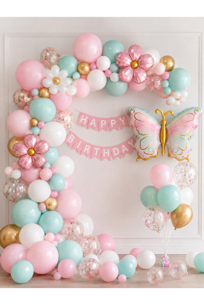 ALYA PARTİ Kelebek Temalı Doğum Günü Balon Seti – Pembe Mint Gold Balon Çelen...