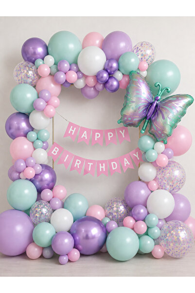 ALYA Kelebek Temalı Doğum Günü Balon Seti | Mint Lila Pembe Balon Çelenk | Ha...