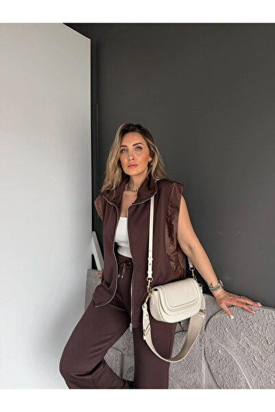 MetuCA Women's Brown Poplin Detailed Zippered Vest Cotton Modal Double Sports...