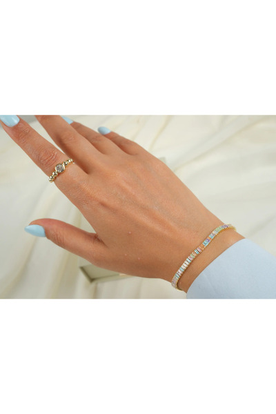 ATELİER TUĞBA Blk635 Colorful Baguette Stone Waterway Bracelet (16 cm + 2 cm)