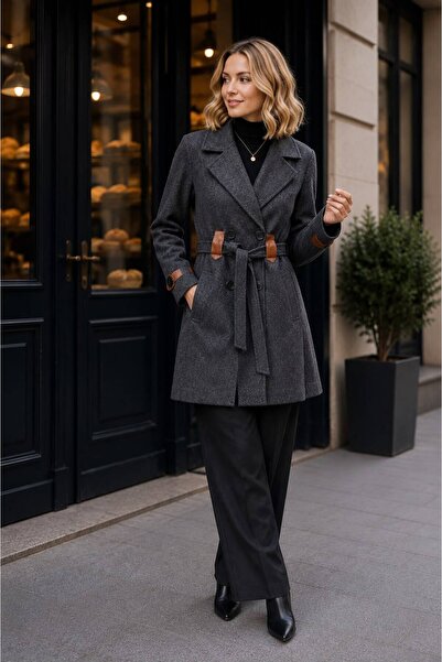 MOT Leather Detailed, Double-Breasted Buttoned, Classic Collar Long Winter Coat