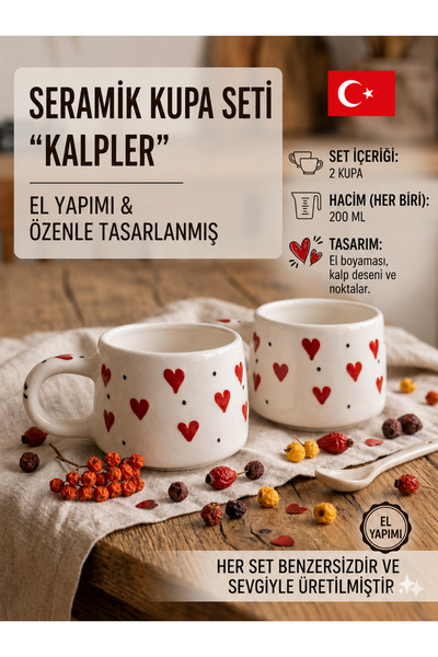 ARTISTA HOME Kalp Desenli El Yapımı Seramik İkili Kupa Seti