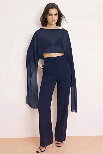 pistore Navy Blue Asymmetrical Cut Unlined Chiffon Cape Party Blouse