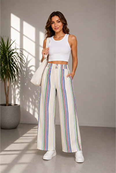 Nuevo Women's Striped Muslin Trousers High Waist Elastic Waist Lace-Up Loose ...