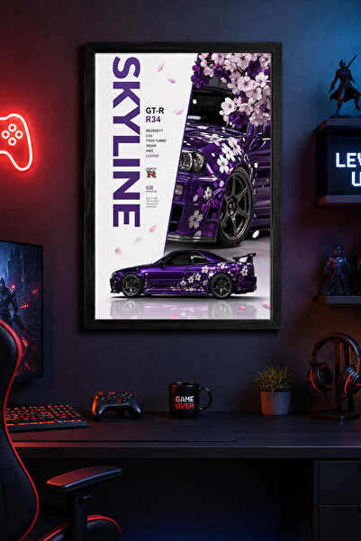 Charmbi Poster cu cadru din lemn Skyline GT-R R34, cadou, pictură murală, imp...