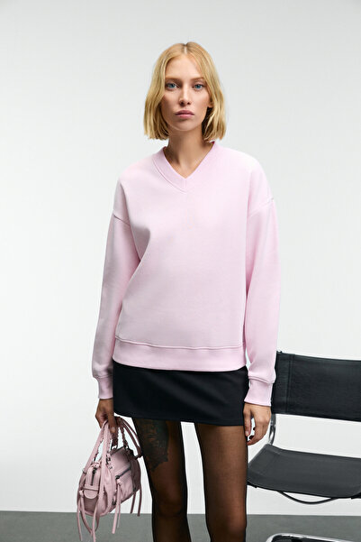 ETHIQUET ARINEL Kadın V Yaka Regular Fit Pembe Sweatshirt