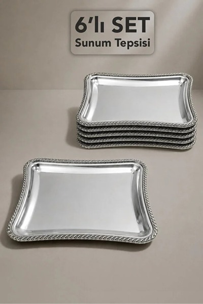 elif aksesuar 6-Piece Spike Patterned Tray - Silver Frame Stainless Steel Cof...