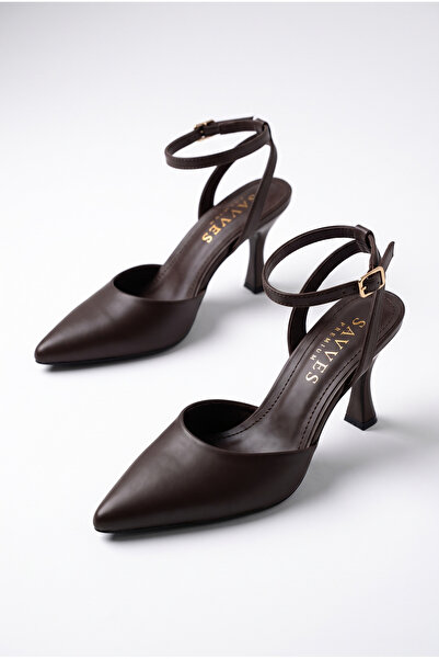 Savves Women's Brown Leather Ankle Strap Heeled Shoes