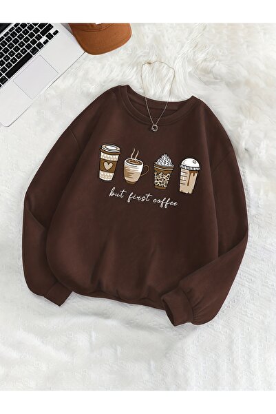 uyguntarz Unisex Butcoffee Printed Crew Neck Sweatshirt