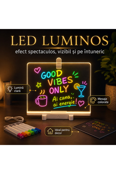 Generic Brand Tăbliță LED Acrilică pentru Mesaje și Desene, 30 x 20 cm, Panou...
