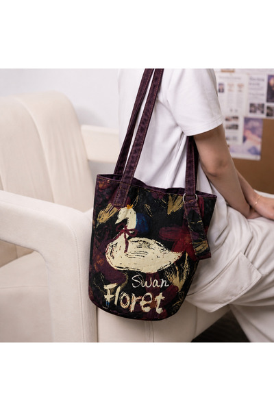 Street Bag حقيبة كتف وحقيبة يد بتصميم كوري لطيف على شكل بجعة مزينة بنمط الرسم...