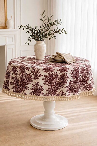 linea natura home Bordo Yuvarlak Duck Kumaş Fransız Köylü Desenli Püsküllü Ma...