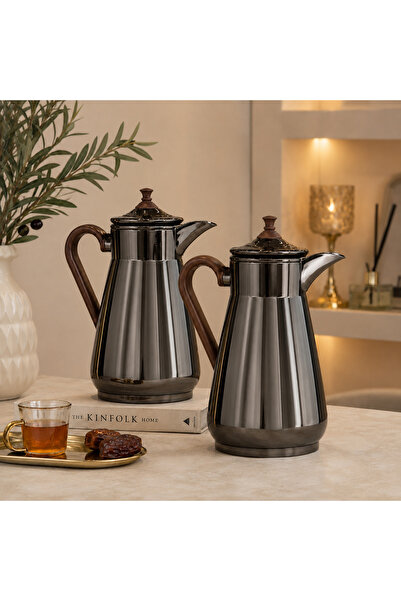 ELEGANT HOME Trams Coffee & Tea Set Misk - Shiny Smoky with Wooden Handle Sta...