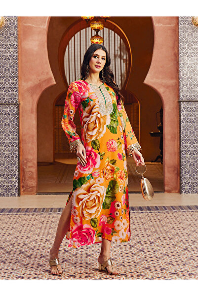 Sassafras By Styli فستان ميدي برتقالي مطرز بزهور على الرقبة