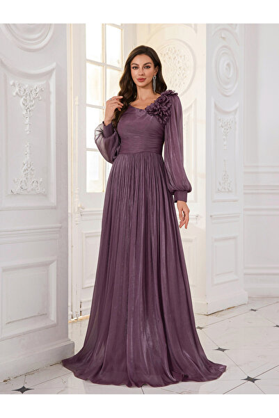 UNITHORSE Purple Plisse Maxi Evening Dress with 3D Floral