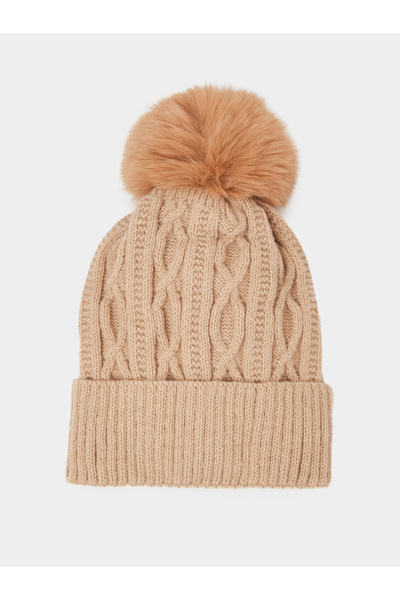 Styli Khaki Cable Knit Beanie with Faux Fur Pompom