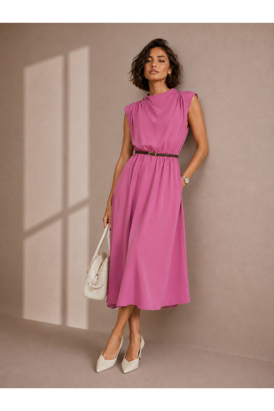 Styli Pink Solid Sleeveless A-Line Midi Dress with Belt
