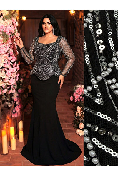 UNITHORSE Plus Size Black Beaded Sequin Maxi Dress