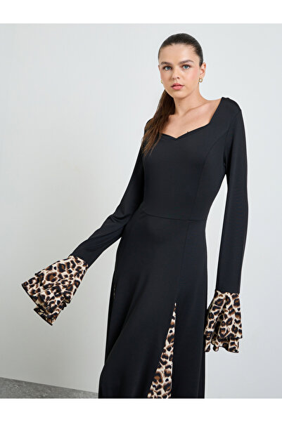 Take Two By Styli Black Leopard Print Bell Sleeves Maxi Dress