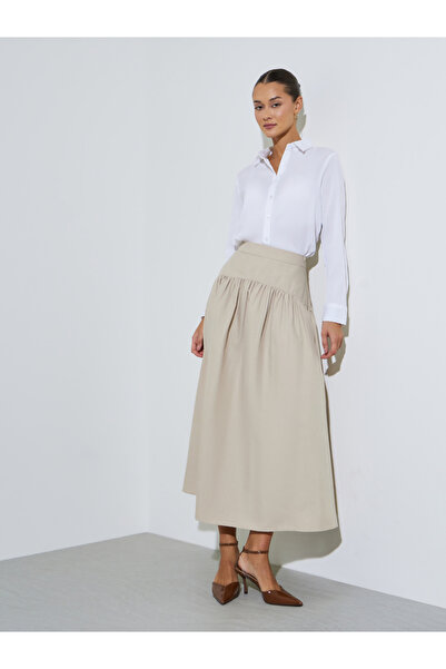 Styli Cream Gathered Flared Midi Skirt with Yoke and Side Seam