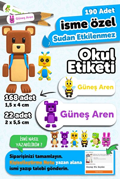 MSticker 190 Adet Kişiye Özel Okul Etiketi İsimli Kalem Defter Suluk Etiket D...