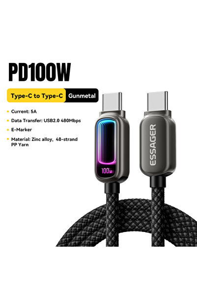 Choice1 ESSAGER 1m Gunmetal Grey 100W Essager 240W USB C to USB C Cable 100W ...