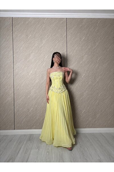 Jood Yellow Corset Embroidered Maxi Evening Dress with Pleated Skirt