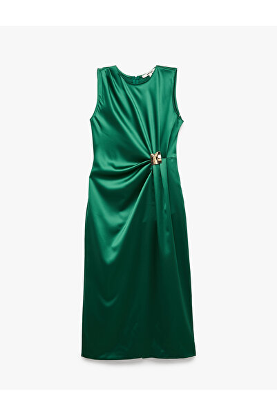 Koton Draped Crew Neck Sleeveless Long Satin Dress with Metal Accessories