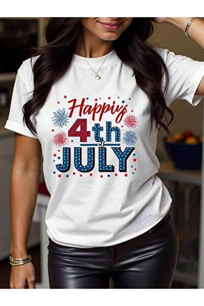23ERVA Pure White T-Shirt Star-Spangled Sparkle Women's 4Th Of July Firework ...