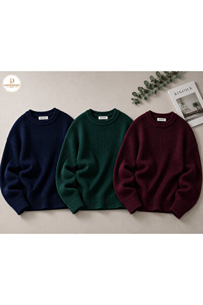 DepoExport Women's 3-Piece Crew Neck Oversize Knitwear Sweater Soft Knitted S...