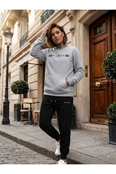 WOODROFFE Unisex Three Stripes Paris Printed Crew Neck Tracksuit Set Oversize