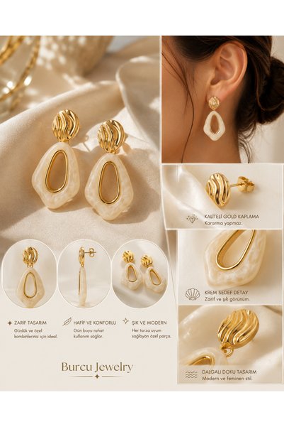 BURCU JEWELRY Luna Creamy Gold Detailed Dangle Earrings