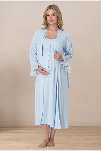 LOHOUSE Women's Blue Flounce Sleeve Scallop Lace Maternity Nightgown Set