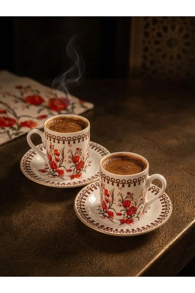 LeylArt Floral Patterned Turkish Coffee Cup Set for 2, Vintage Coffee Cup Set