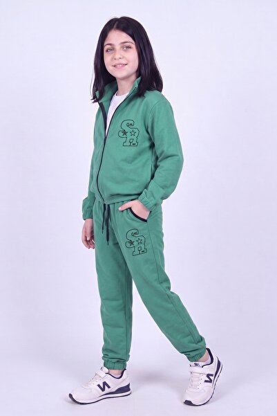 FYK KİDS Girl's Sr Printed Stand Collar Double Pocket Zippered Tracksuit Set