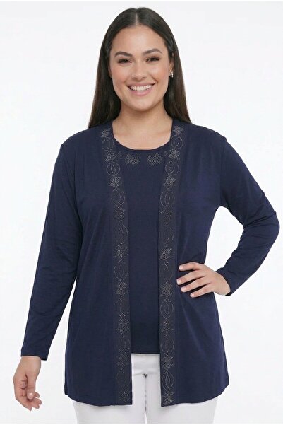 By Saygı Women's Stone Printed Blouse Cardigan Lycra Plus Size 2-Piece Set
