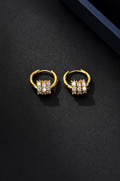 THE Steel Gold Color Zircon Stone Hoop Women's Earrings