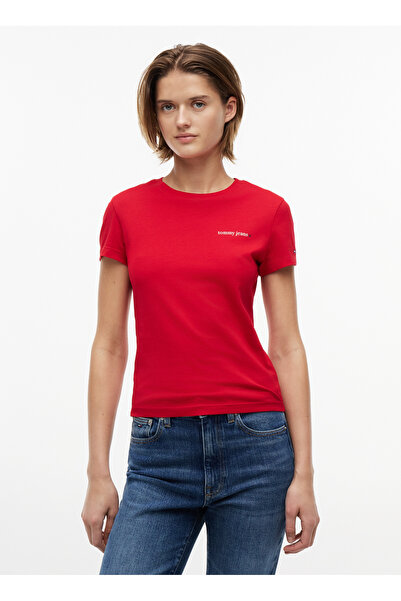 Tommy Jeans Kırmızı Kadın Bisilet Yaka Baskılı T-Shirt DW0DW23479XK9
