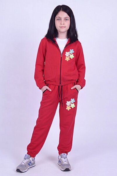 FYK KİDS Girl's Sweet Heart Printed Stand Collar Double Pocket Zippered Track...