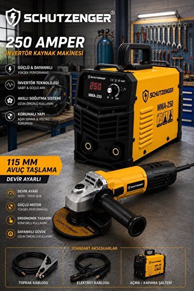 SCHUTZENGER INVERTER KAYNAK MAKİNESİ 250 AMPERBAKIR SARGI VE 115mm AVUÇ TAŞLA...