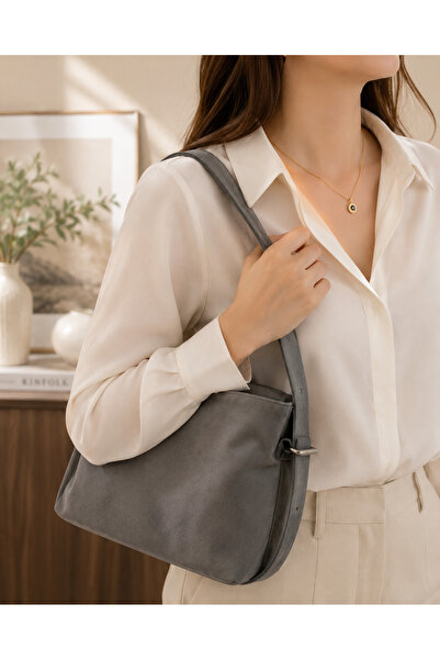 Bymiel Women's Gray Suede Look Shoulder Bag – Casual Bag with Zippered Interi...